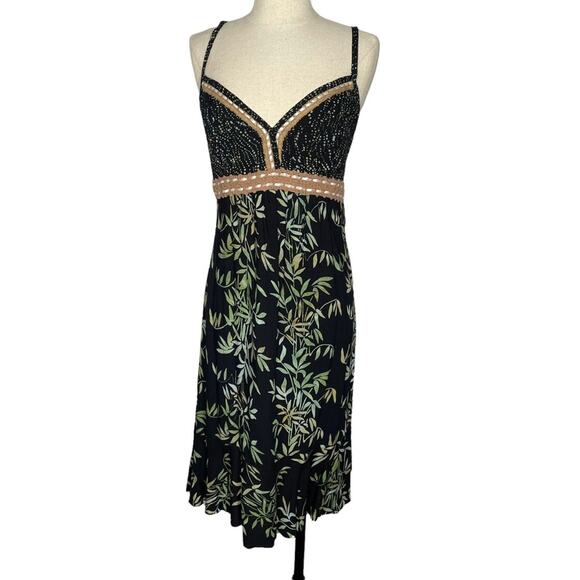 Vintage 1990s Sartiki Floral Tank Dress Spaghetti Strap Ruched Back Crochet L - Picture 1 of 12